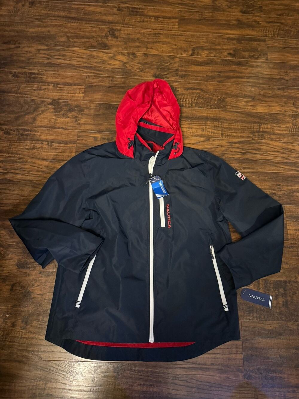 Nautica Men’s Performance Sailing Jacket Navy Blue Rain Windbreaker Hood Sz:L